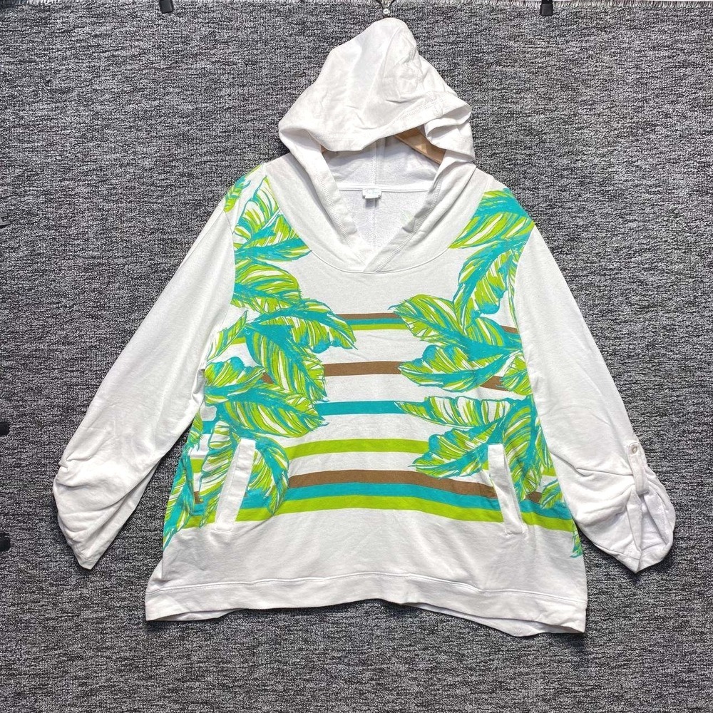 SunBay Tropical Palm Leaf Hoodie Women 2X White Hooded Sweatshirt Pockets Travel